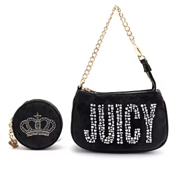 Juicy Couture Handbags - Juicy Couture Black Velour Rhinestone Wristlet and Coin Pouch 2 Piece Set